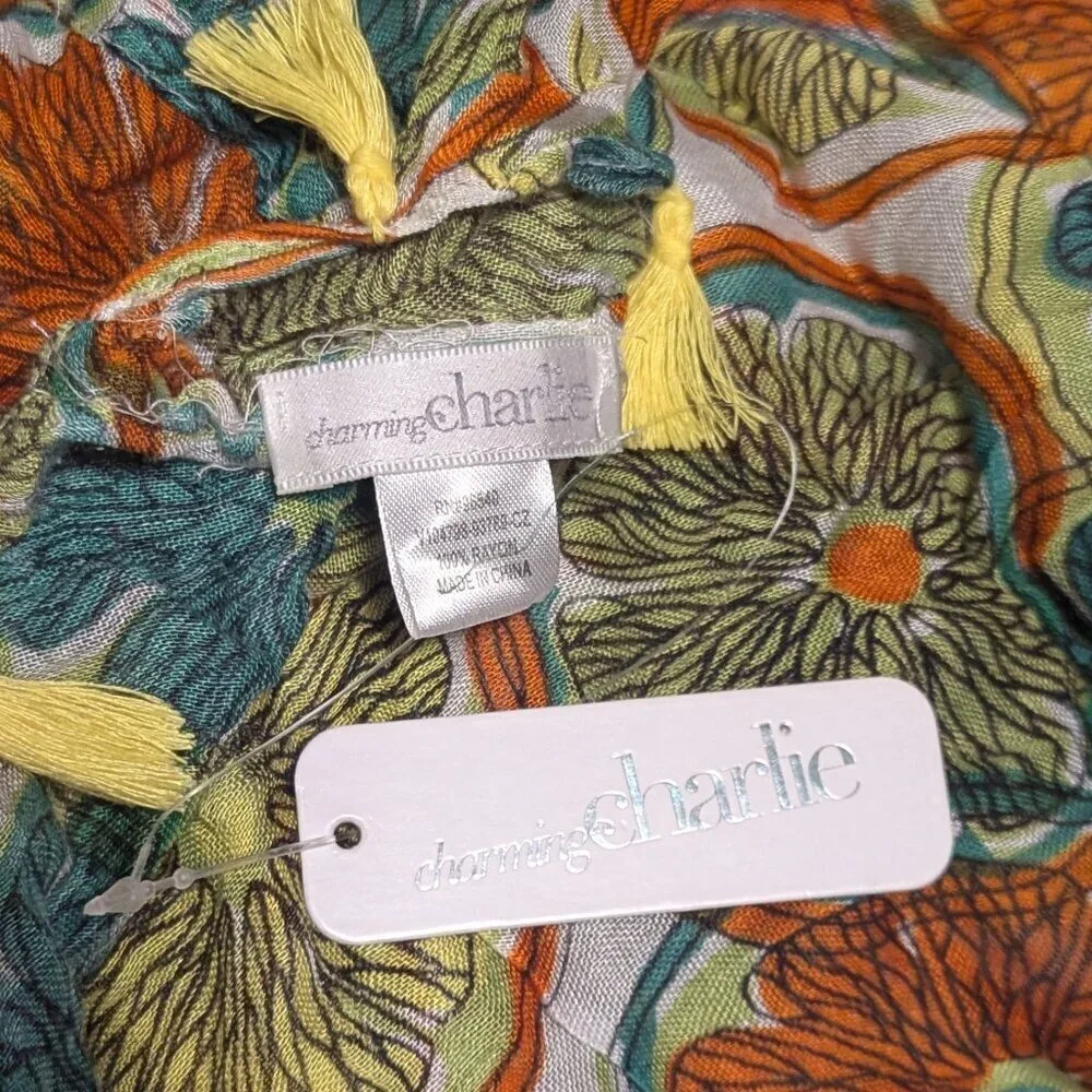 NWT Charming Charlie Scarf Orange Lime Citrus Splash Tassel Fringe Infinity Boho